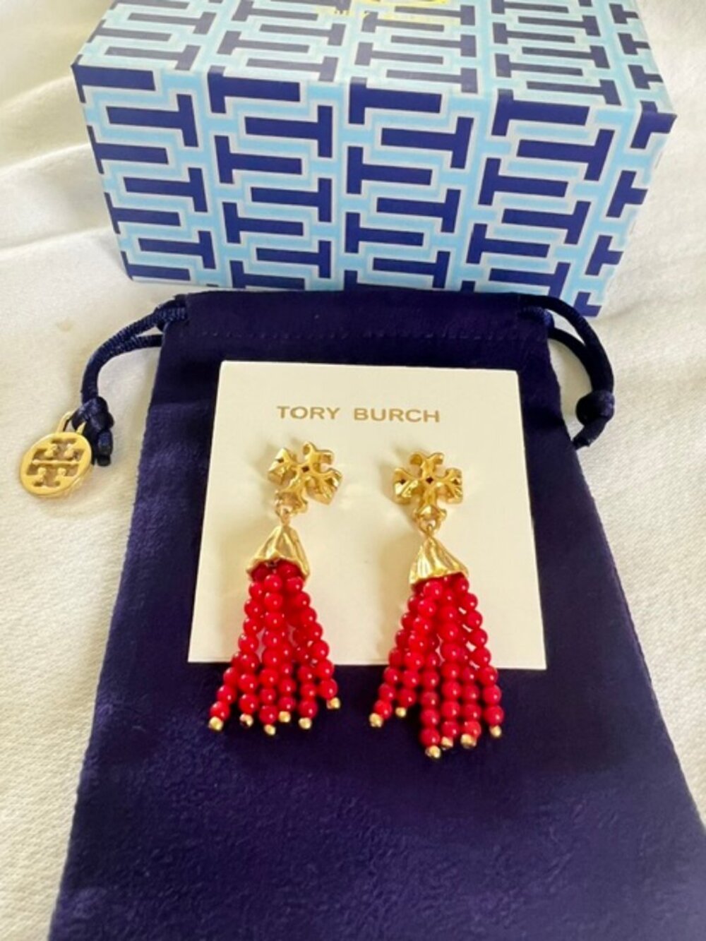 Tory Burch Roxanne Tassel Earrings Red Beaded Drop Gold Tone Logo
